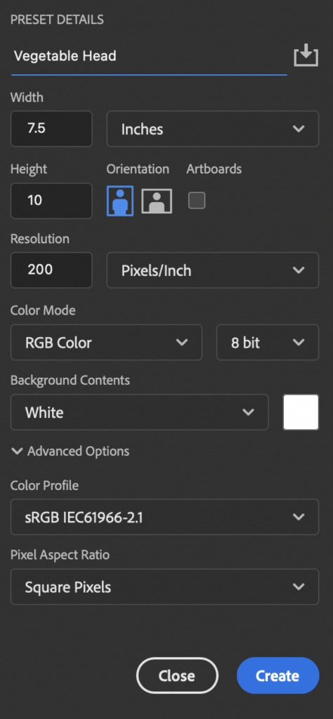 Screenshot showing the settings for Vegetable Head